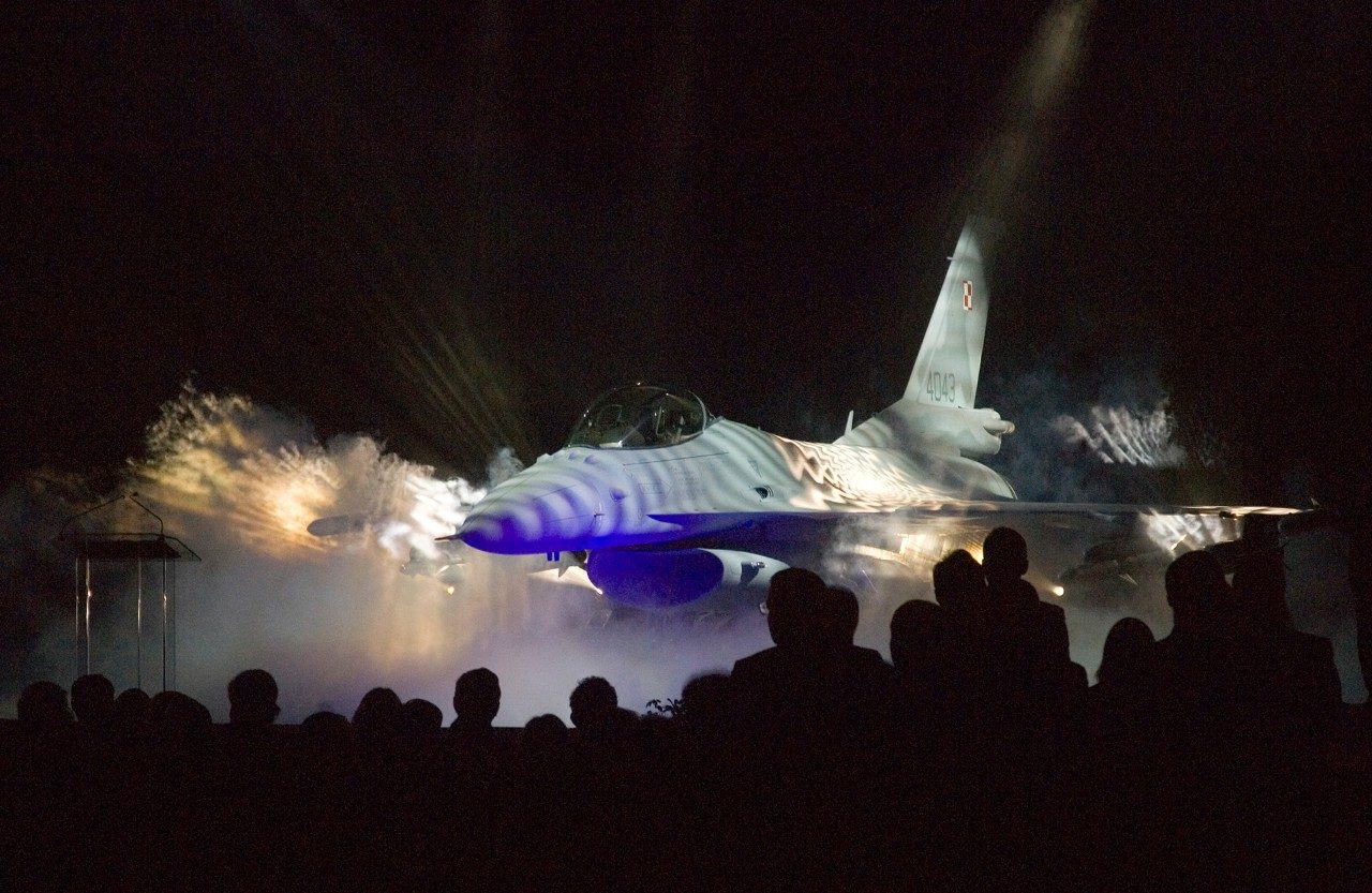 Poland’s first F-16 is displayed during the Peace Sky rollout ceremony at Lockheed Martin’s Fort Worth facility on Sept. 15, 2006.